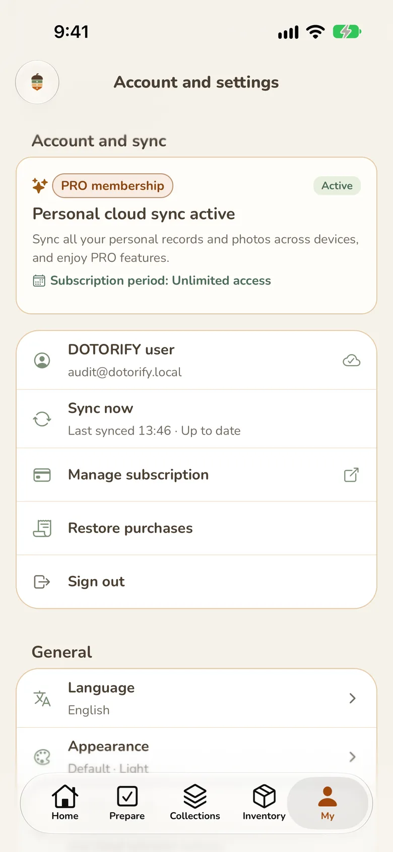 The Account and sync card on My