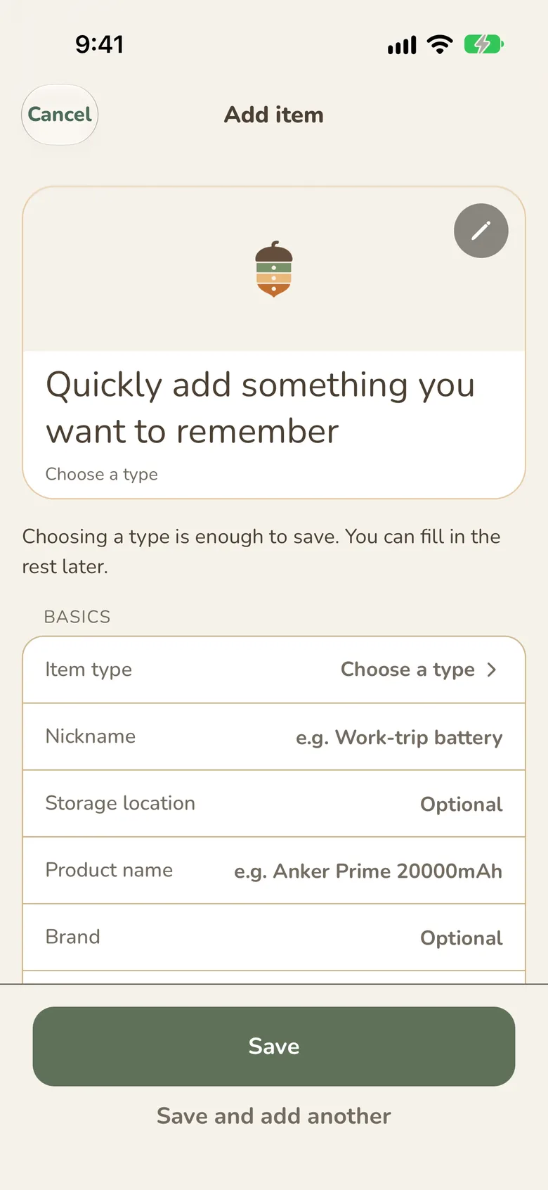 The add item screen