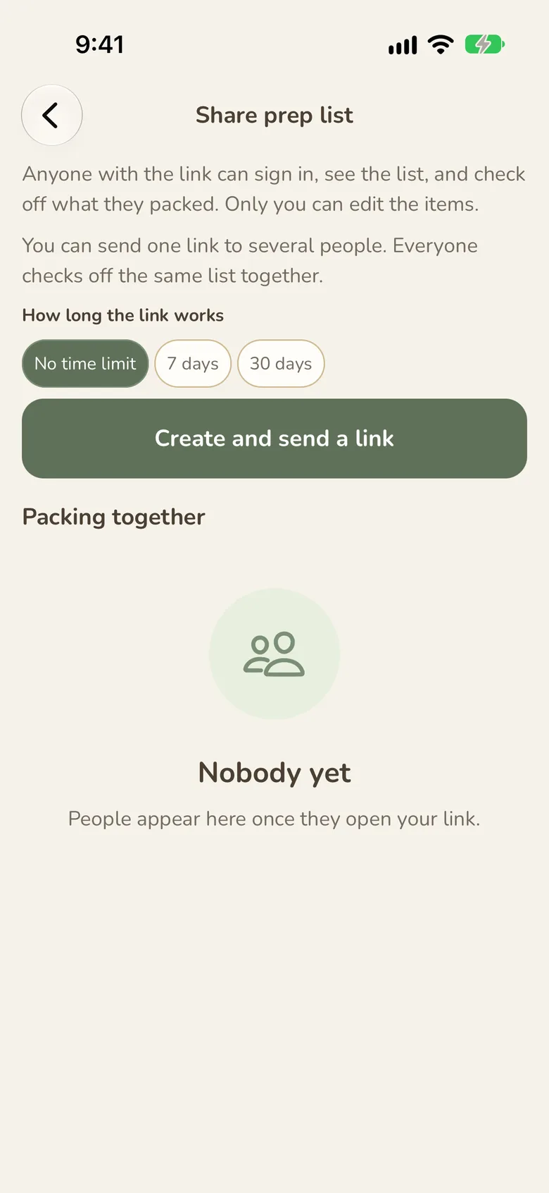 The Share prep list screen