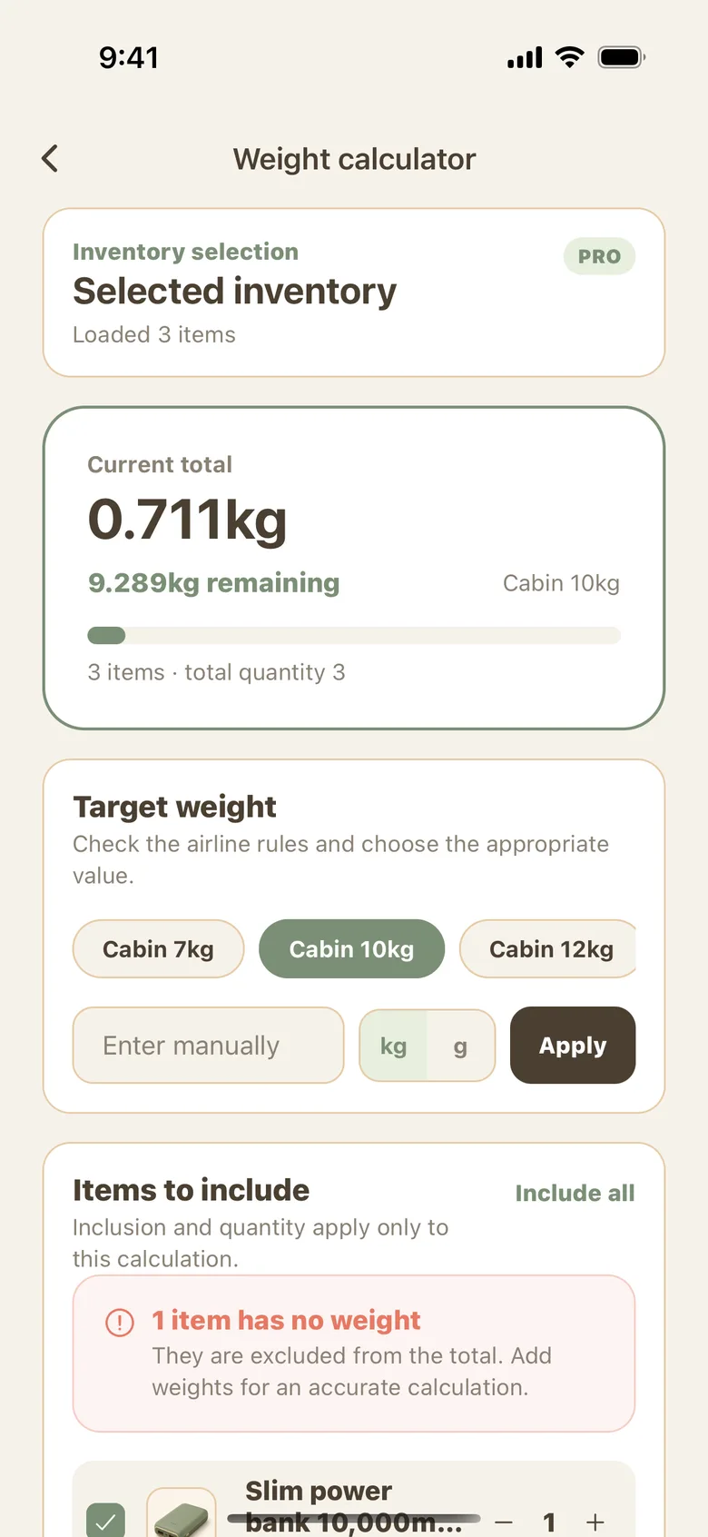 Weight calculator adding up Inventory, Collection, and Prepare items